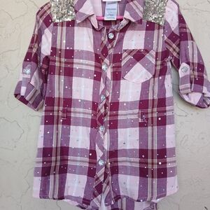 Girls' Pink & Burgundy Plaid Button-Up Shirt with Sequin Accents